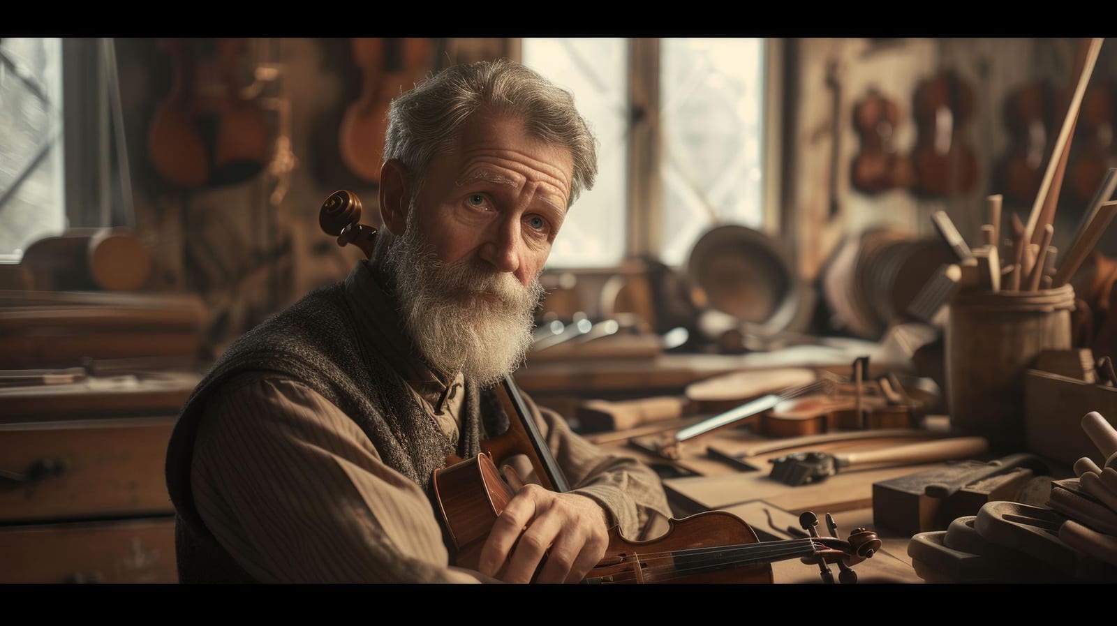 Luthier sênior inspecionando um violino finalizado, cercado de peças e instrumentos pendurados